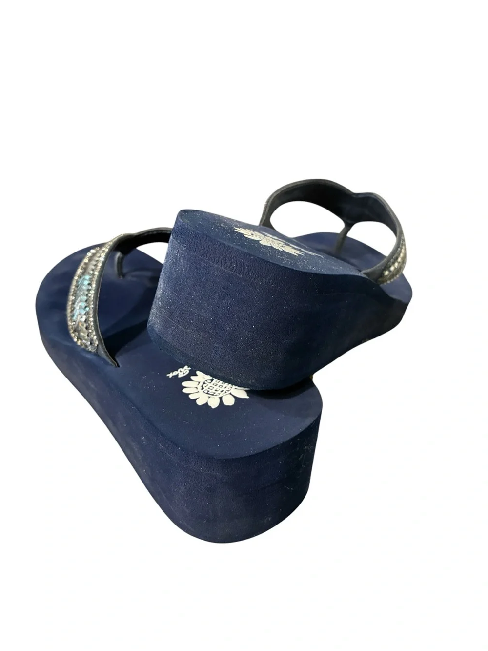 Yellow Box Skyllah Navy Blue Beaded Wedge Sandals Size 9 WORN ONCE - Picture 4 of 9